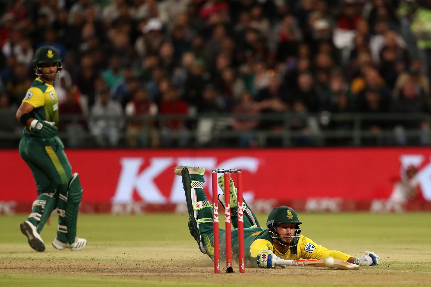 Christiaan Jonker puts in a dive to make his ground