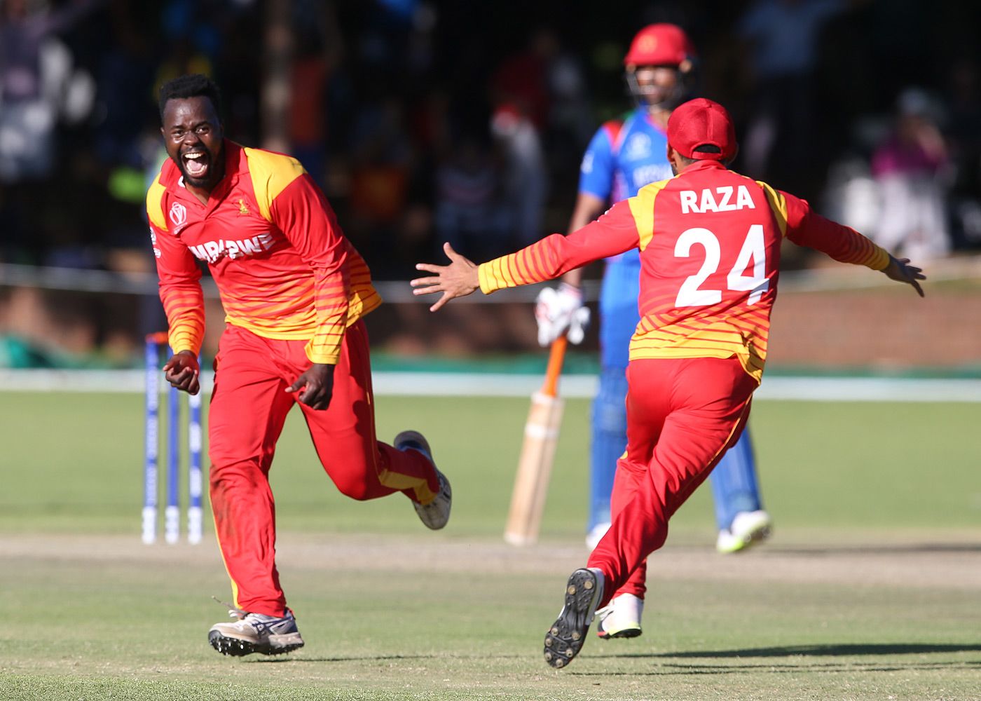 Brian Vitori and Sikandar Raza rejoice at the fall of the final wicket