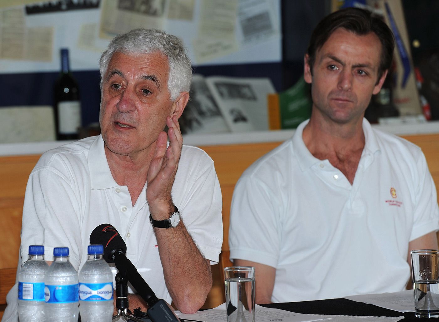 Mike Brearley and John Stephenson at a MCC World Cricket Committee media conference