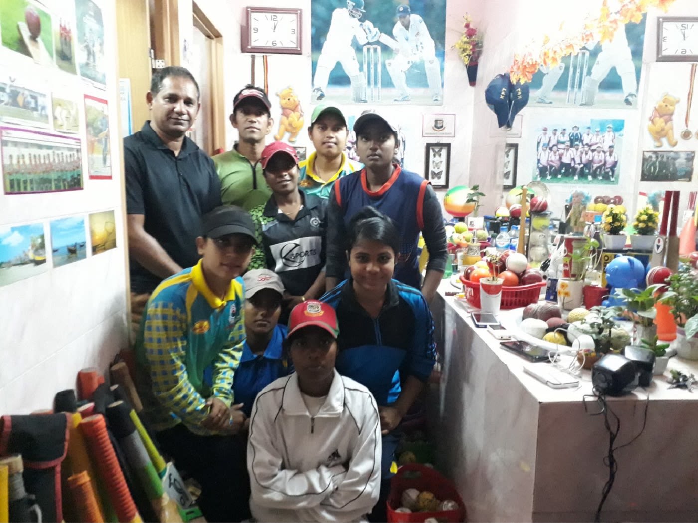 Habibul Bashar visits the toilet that now serves as the office and equipment storeroom of Muslim Uddin's training camp at the Shaheed Chandu Stadium in Bogra