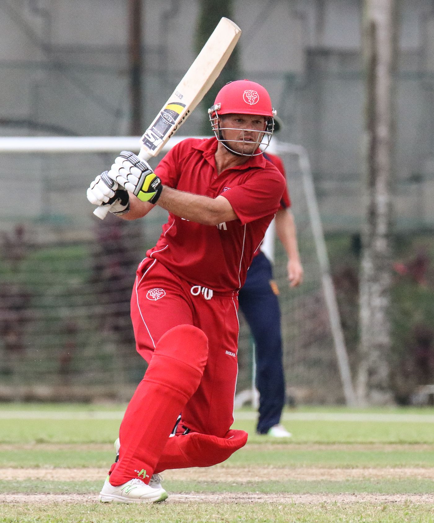 Freddie Klokker pulls behind square for a boundary on his way to top-scoring for Denmark