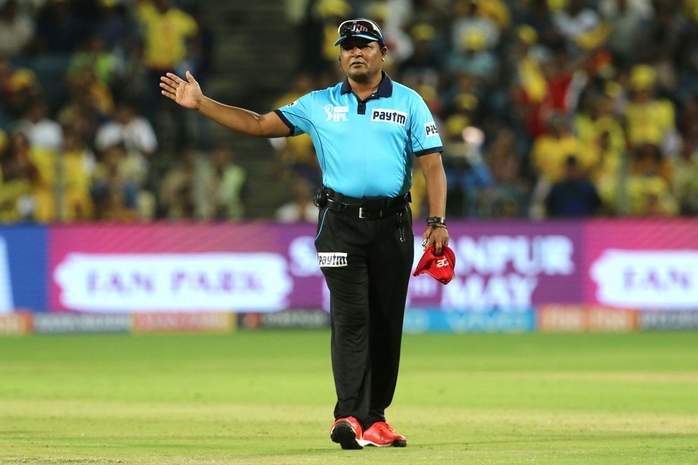 C Shamshuddin makes the no-ball gesture