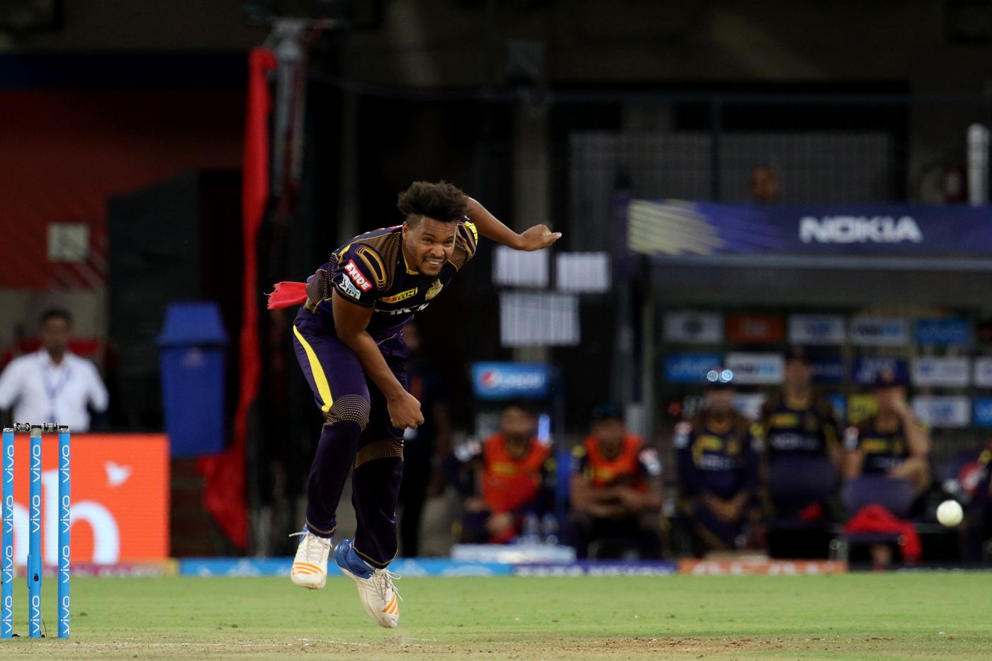 Javon Searles bowls on IPL debut