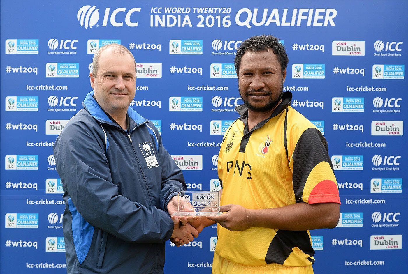 Assad Vala receives his Man-of-the-Match award from Geoff Allardice