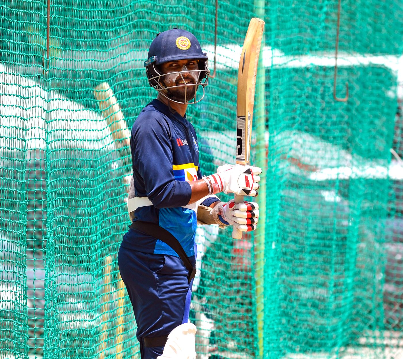 Mahela Udawatte reacts during a nets session