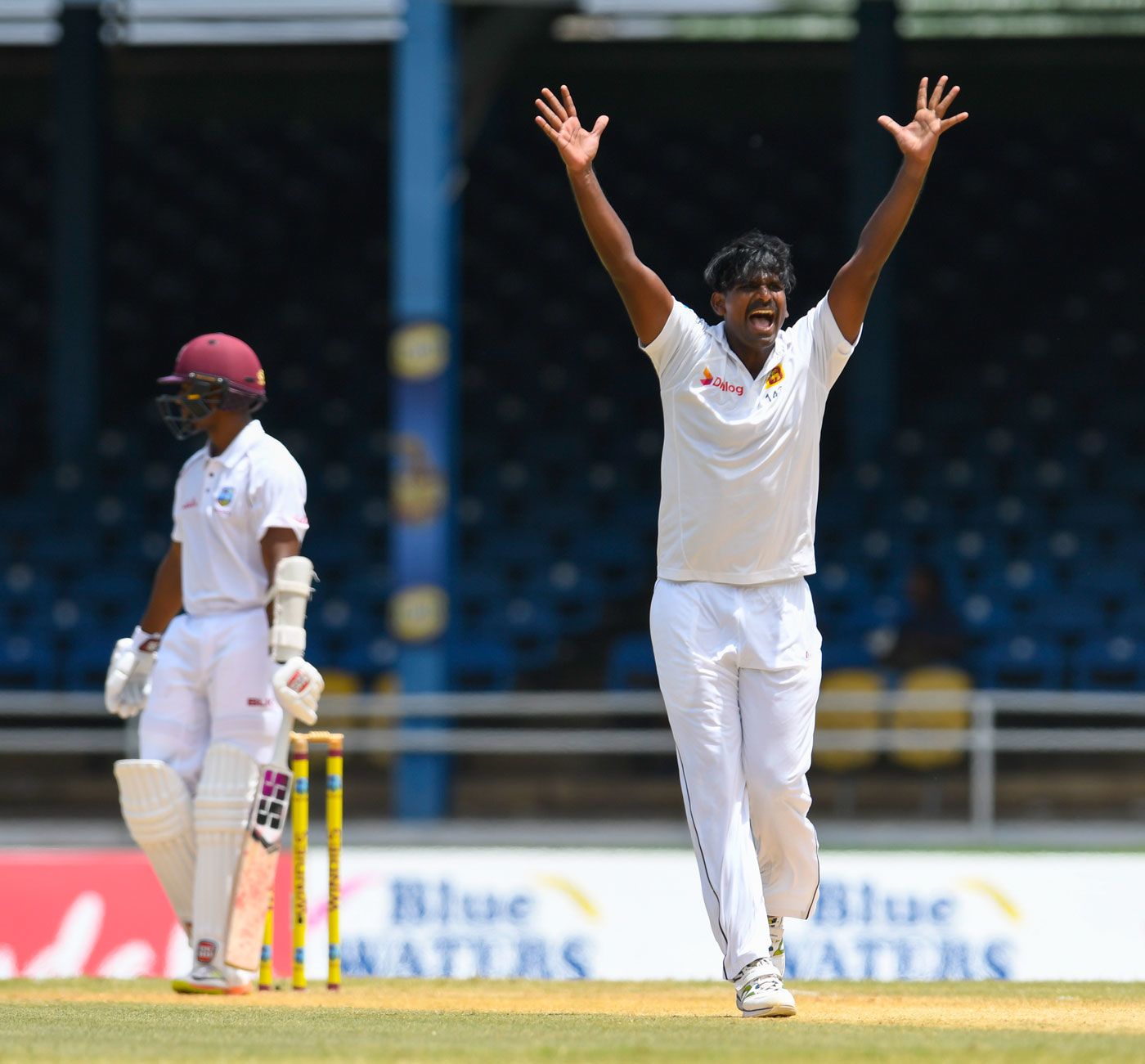 Lahiru Gamage lets out an appeal for lbw