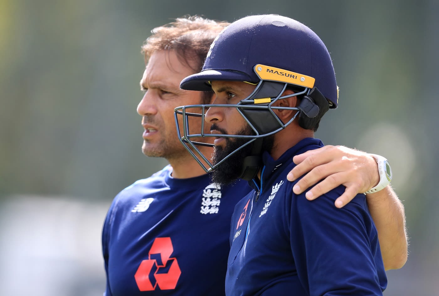 Adil Rashid with Mark Ramprakash during a practice session