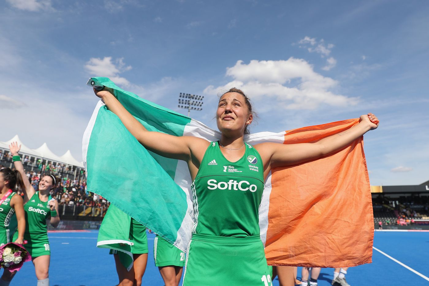Elena Tice celebrates Ireland's win in the semi-final at the Lee Valley Hockey and Tennis Centre