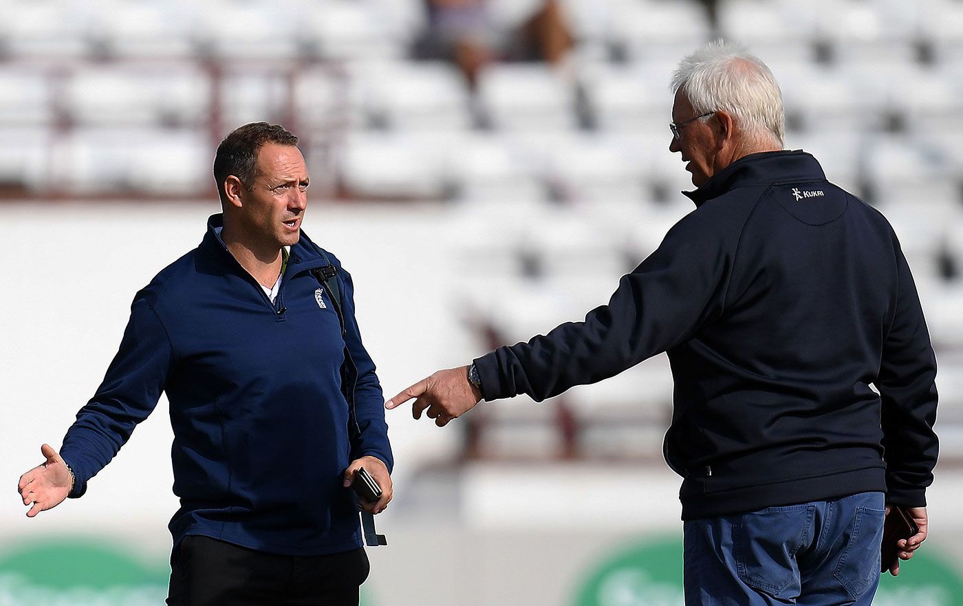 Paul Allott, Lancashire's director of cricket, discusses the Taunton pitch with Cricket Liaison Officer Dean Cosker
