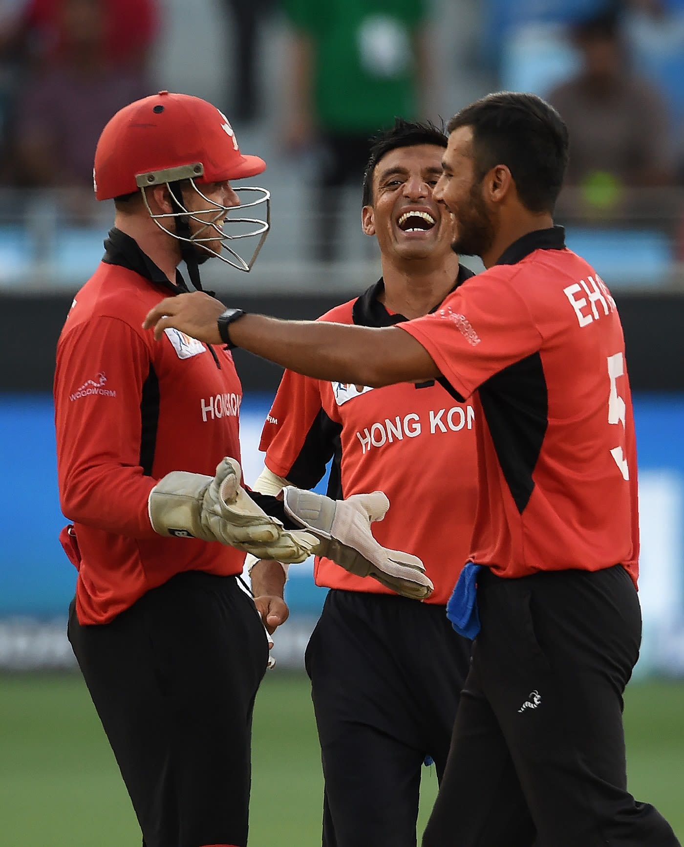 Ehsan Nawaz and Ehsan Khan celebrate Ambati Rayudu's wicket