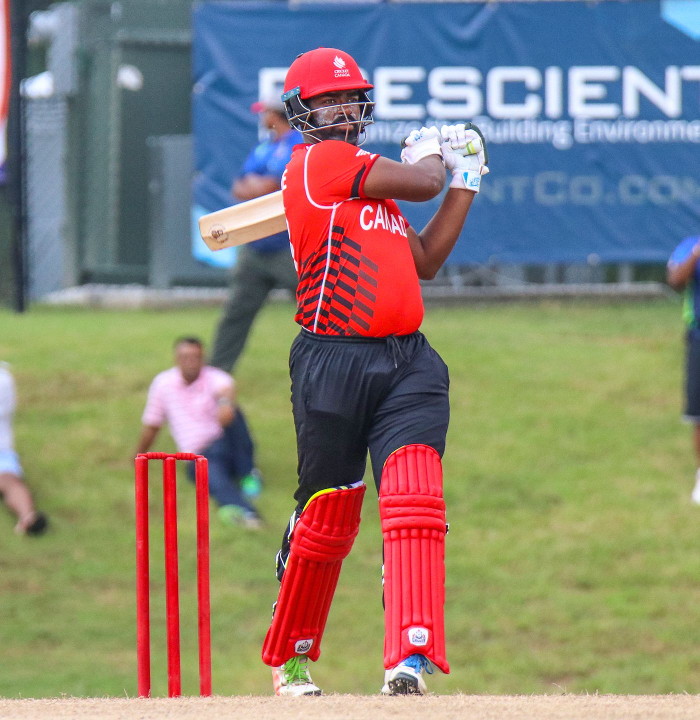 Srimantha Wijeyeratne powers a pull over mid-on for a boundary