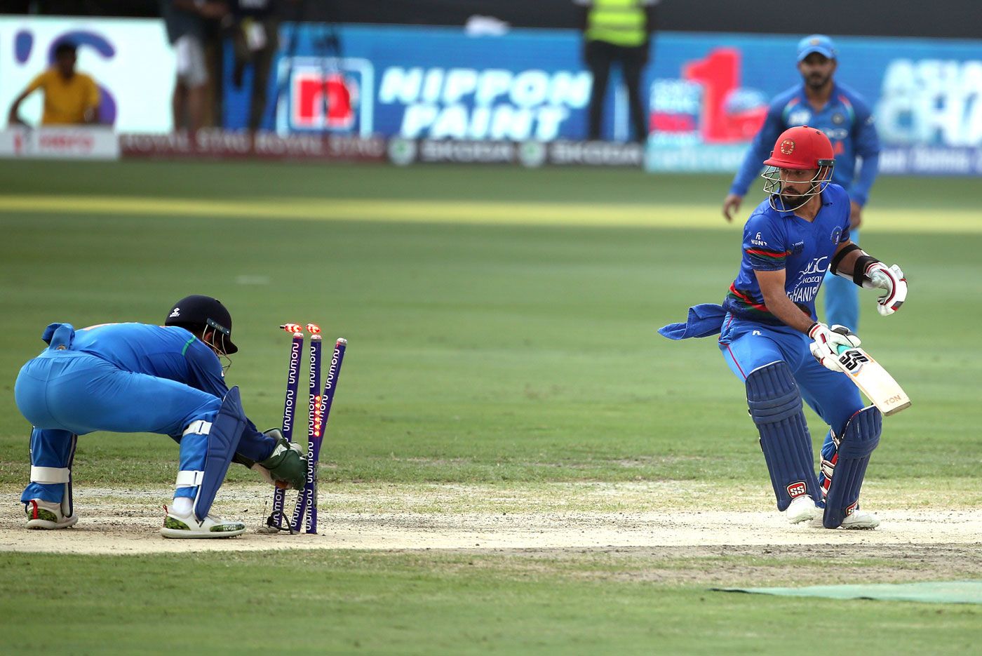 Javed Ahmadi turns around to MS Dhoni stumping him