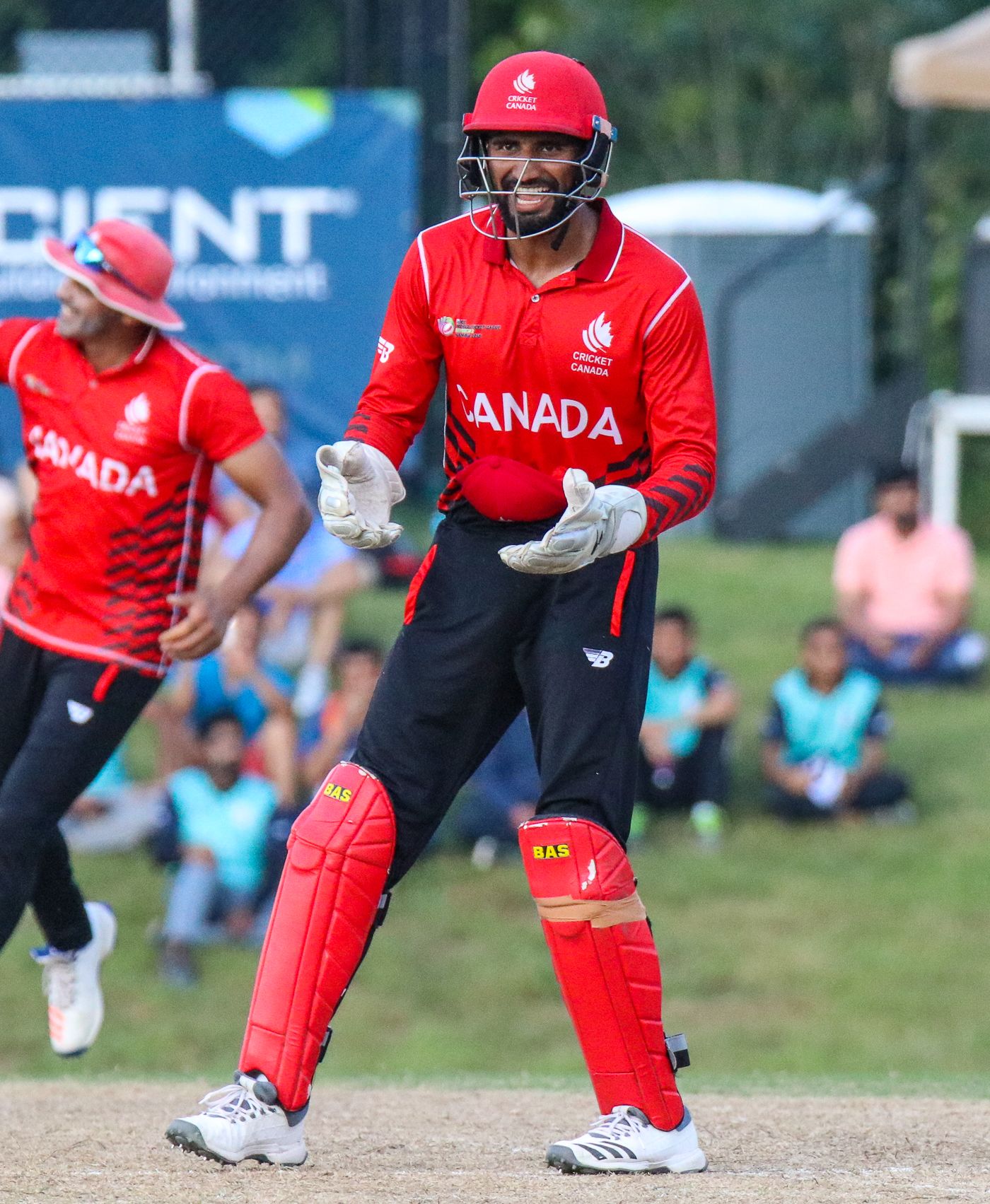 Hamza Tariq celebrates after whipping off the bails to complete a runout