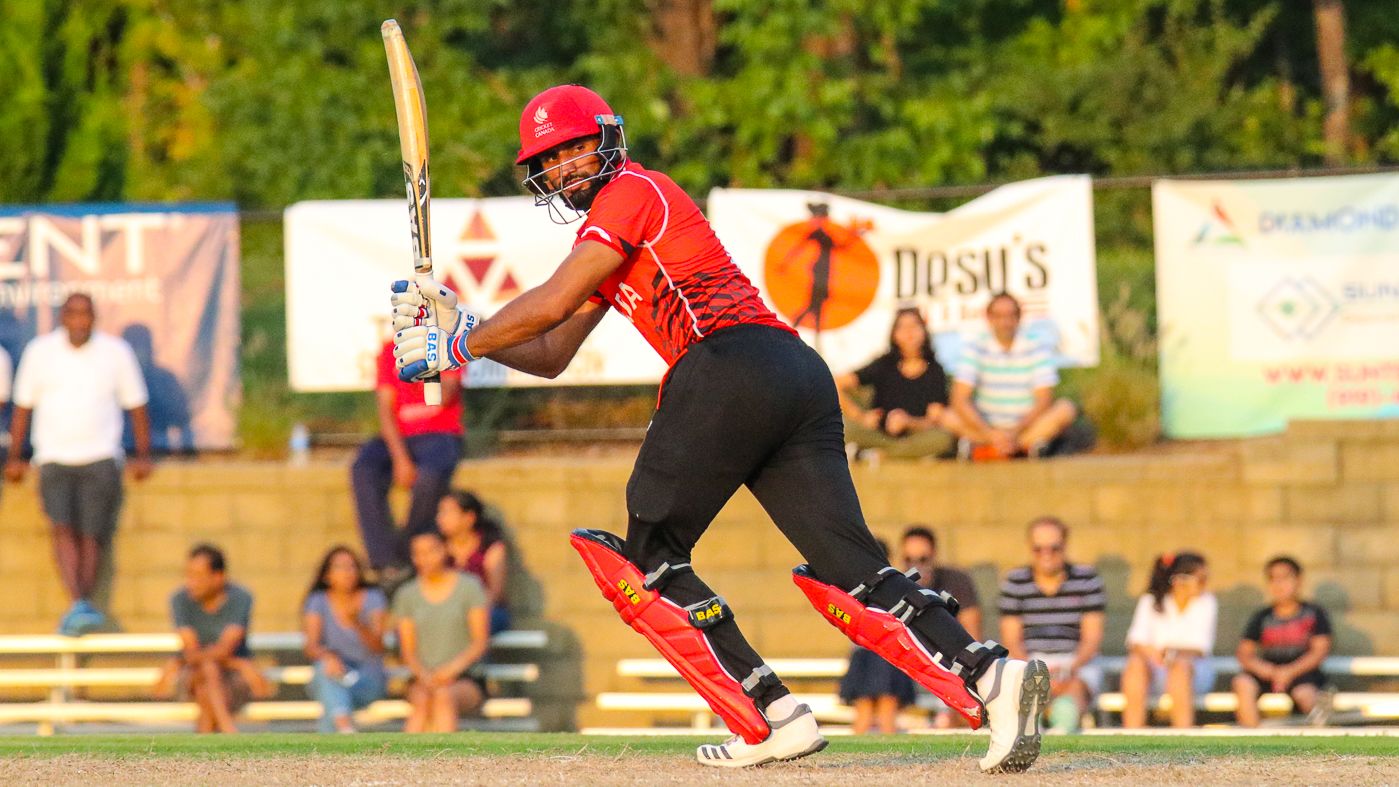 Hamza Tariq bats at the ICC World Twenty20 Americas Sub Regional Qualifier A in 2018