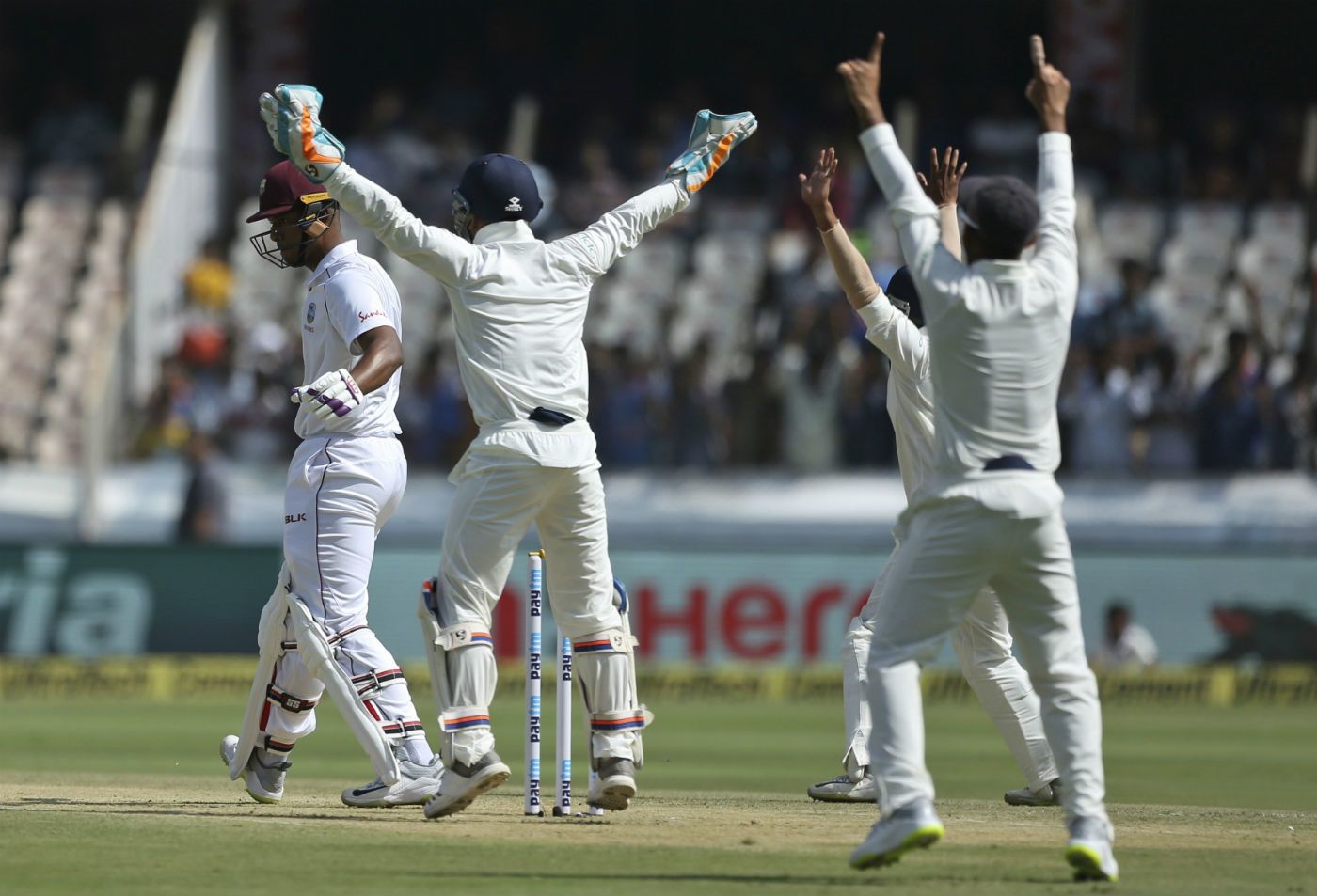 Kieran Powell knows he's a dead duck after being trapped by Ashwin's slider