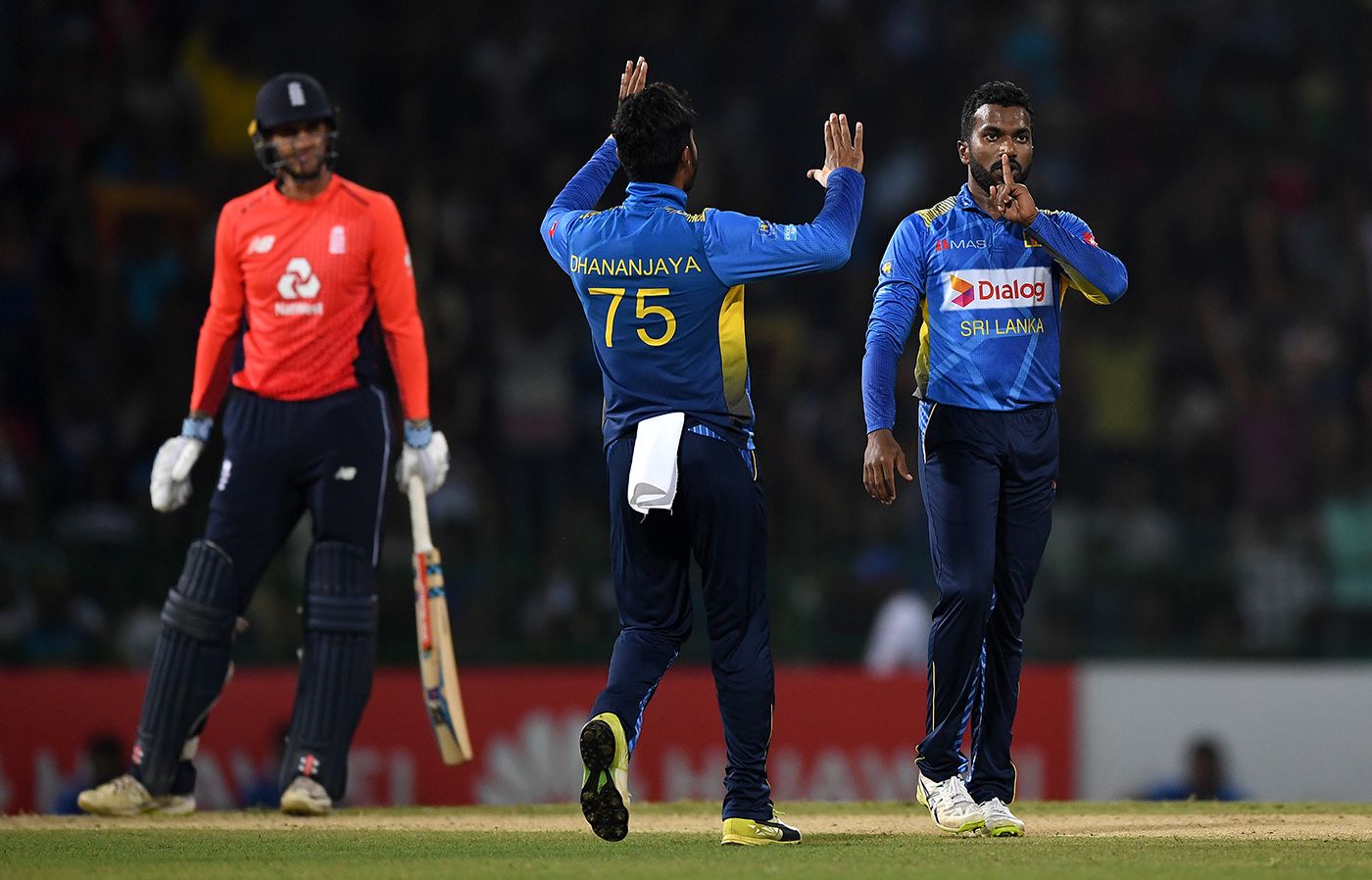 Amila Aponso celebrates the wicket of Alex Hales