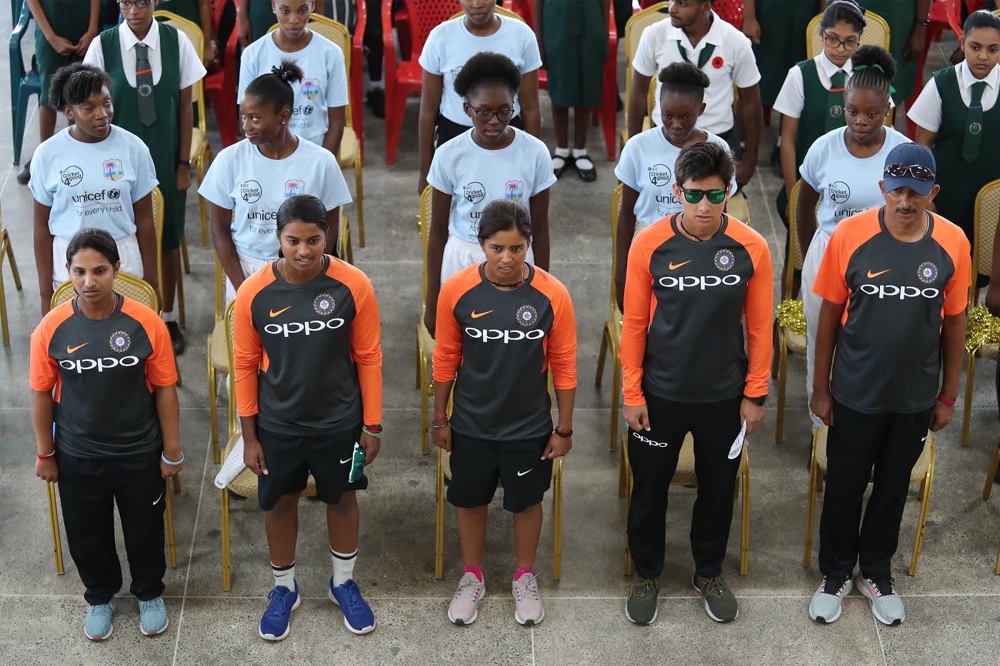 Anuja Patil, Dayalan Hemalatha, Ekta Bisht and Mansi Joshi stand for the national anthem