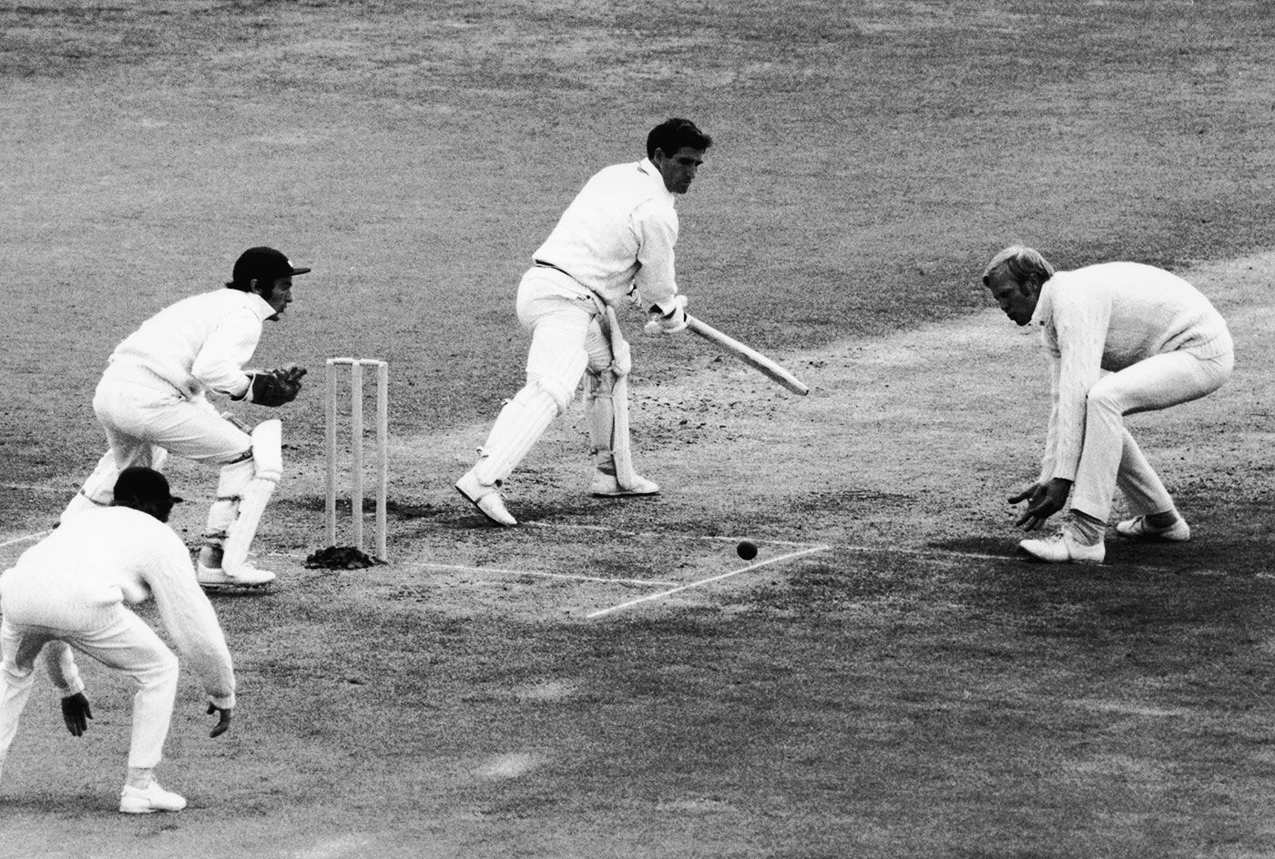 Tony Greig fields close to batsman Vic Pollard at silly point