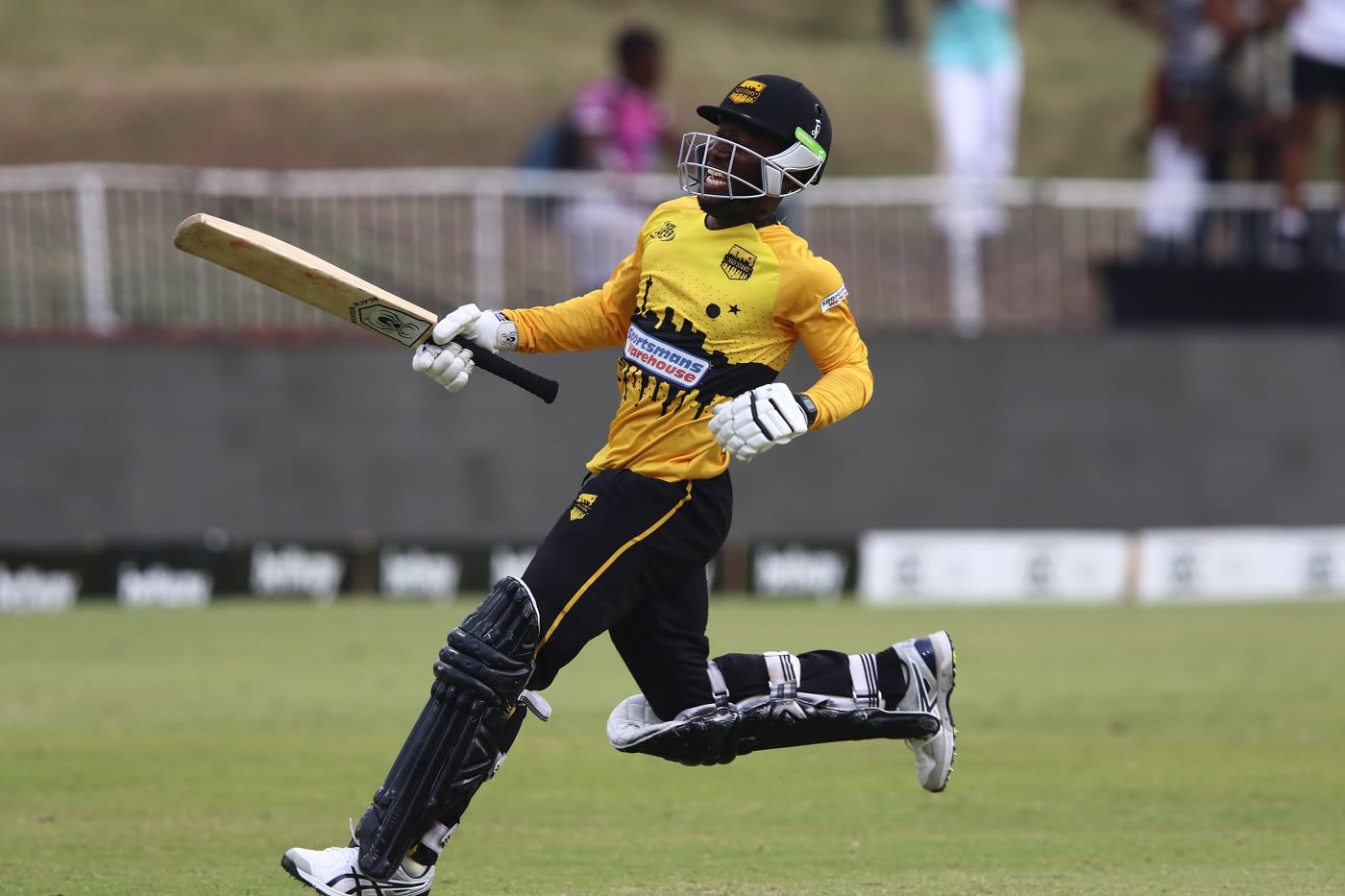 Nono Pongolo takes off in celebration after hitting two sixes to win the match