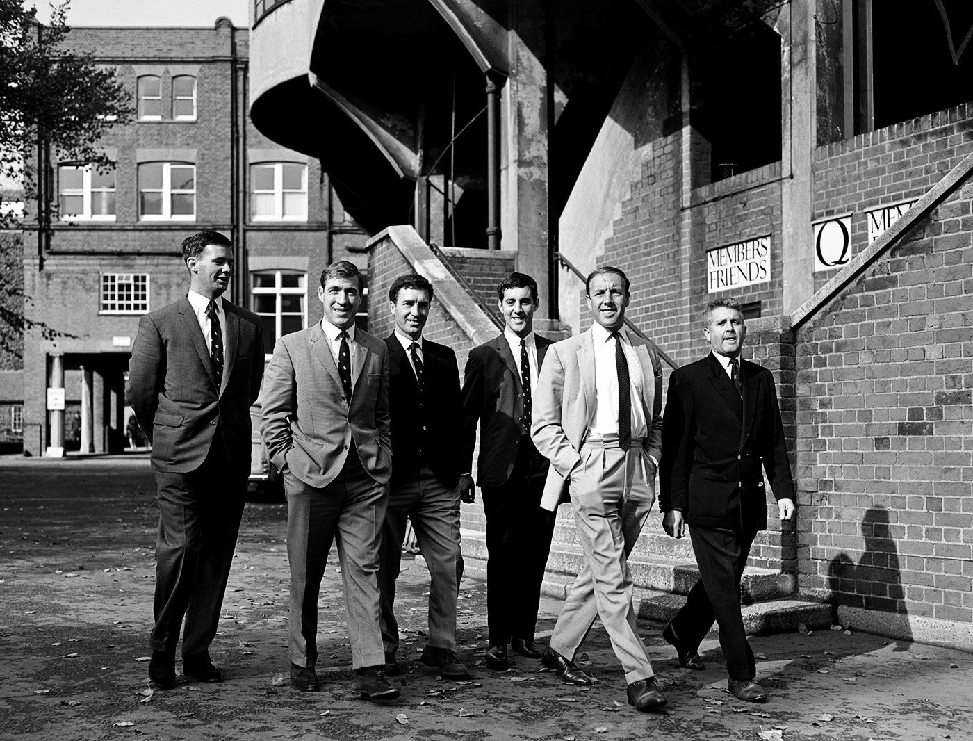 Middlesex players John Price, Peter Parfitt, Fred Titmus, Mike Brearley, John Murray and team manager R Nicholson arrive at Lord's before England depart for South Africa