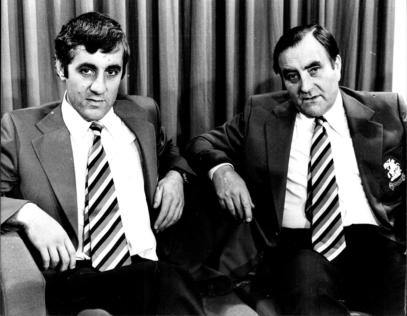 England captain Mike Brearley and team manager Doug Insole at Sydney airport