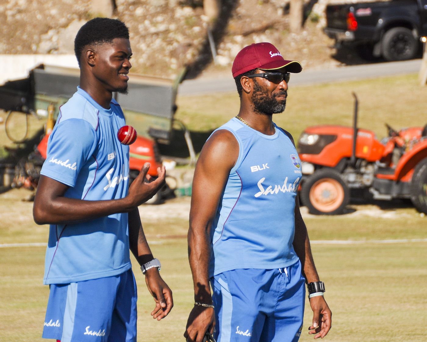Alzarri Joseph trains with bowling coach Corey Collymore