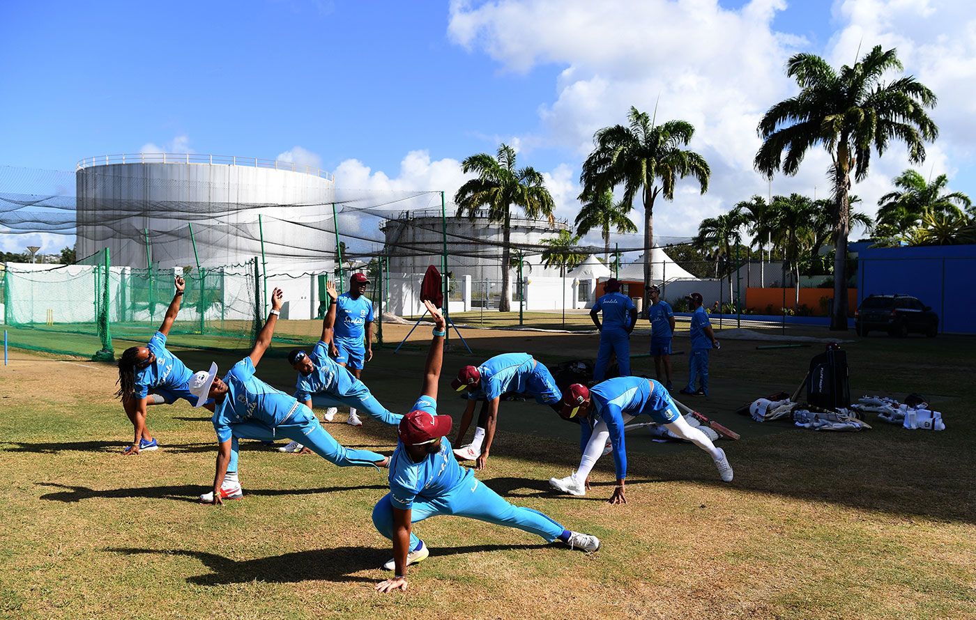 West Indies warm up during training