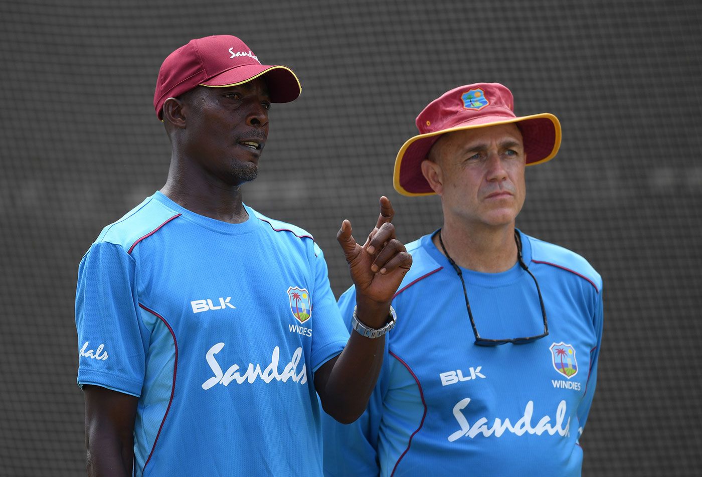 Vasbert Drakes and Richard Pybus at West Indies training