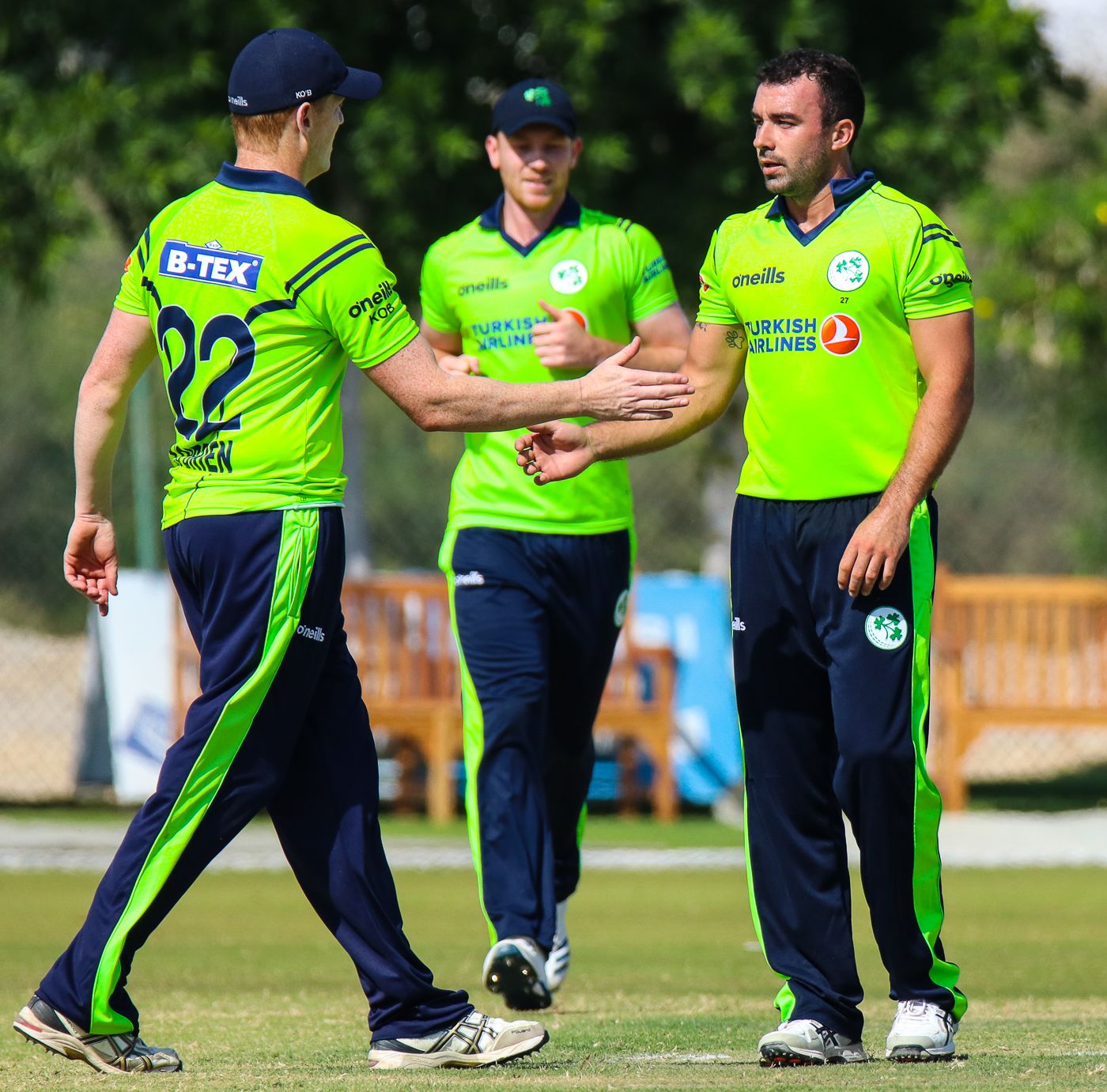 Stuart Thompson gets congratulated after taking another wicket