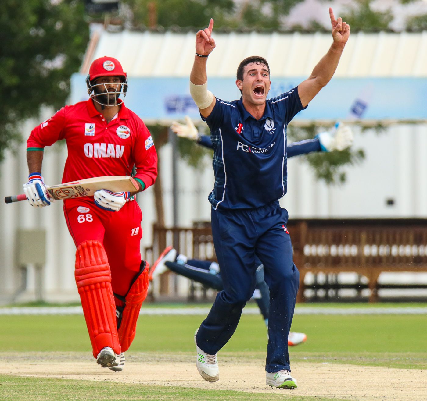 Ruaidhri Smith nabs Khawar Ali with a successful lbw appeal during his spell of 4 for 7