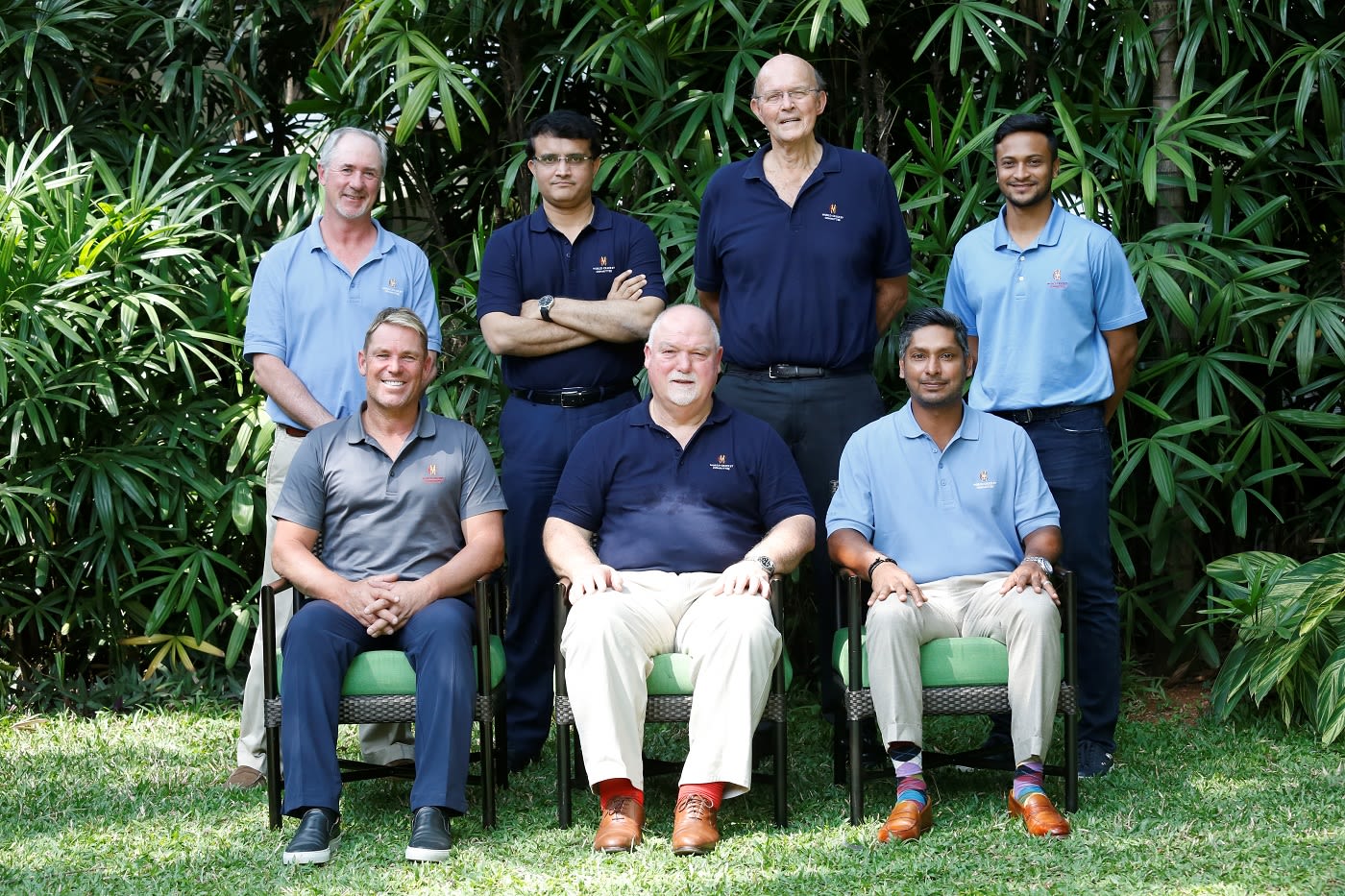 Tim May, Sourav Ganguly, Vince van der Bijl, Shakib Al Hasan (standing), Shane Warne, Mike Gatting and Kumar Sangakkara (sitting) at the MCC World Committee meeting
