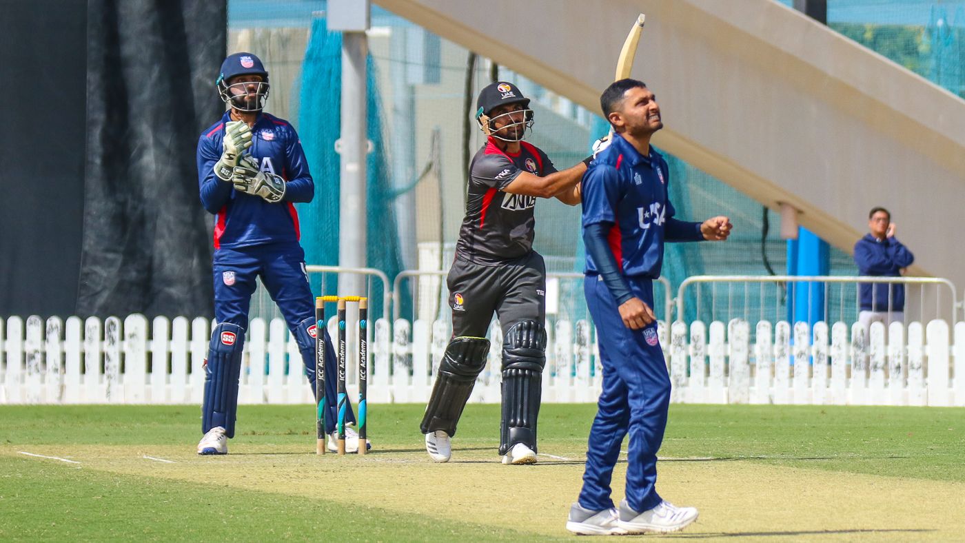 Shaiman Anwar launches Timil Patel over the leg side for one of his five sixes