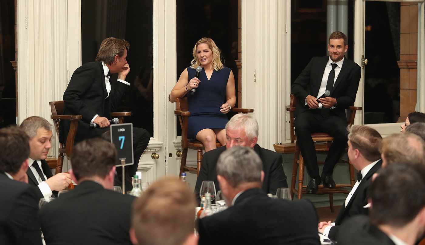 Mark Nicholas, Katherine Brunt and Dawid Malan at a q&a