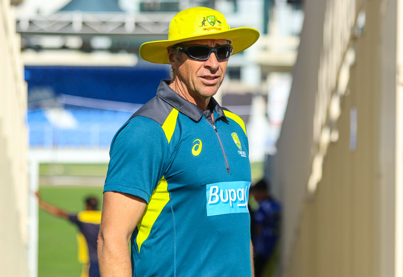 Bowling coach Troy Cooley observes an Australia net session