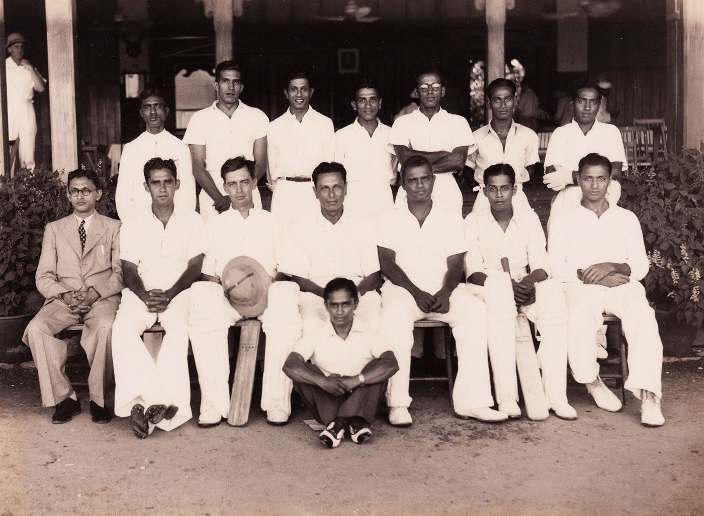 The Ceylon squad to play against a South India XI: Derrick de Saram (sitting, third from left), captain BR Heyn (fourth) and Mahadevan Sathasivam (sixth)