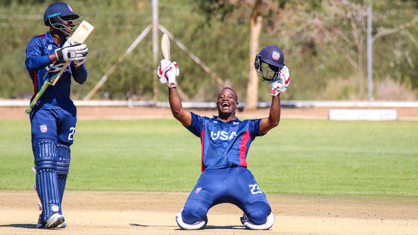 Xavier Marshall celebrates after bringing up his century off 153 balls