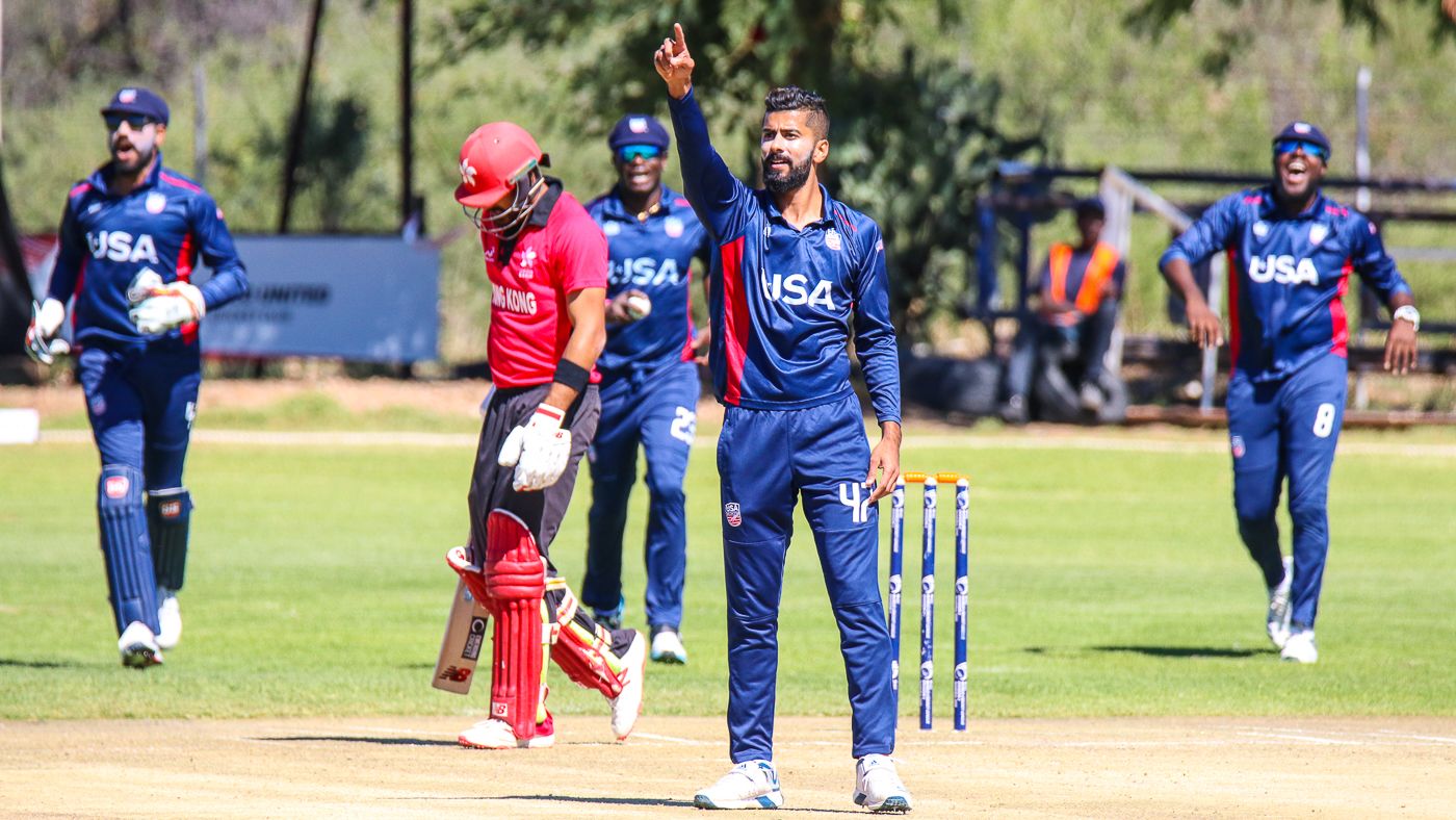 Ali Khan celebrates after claiming the prized scalp of Anshuman Rath with a yorker