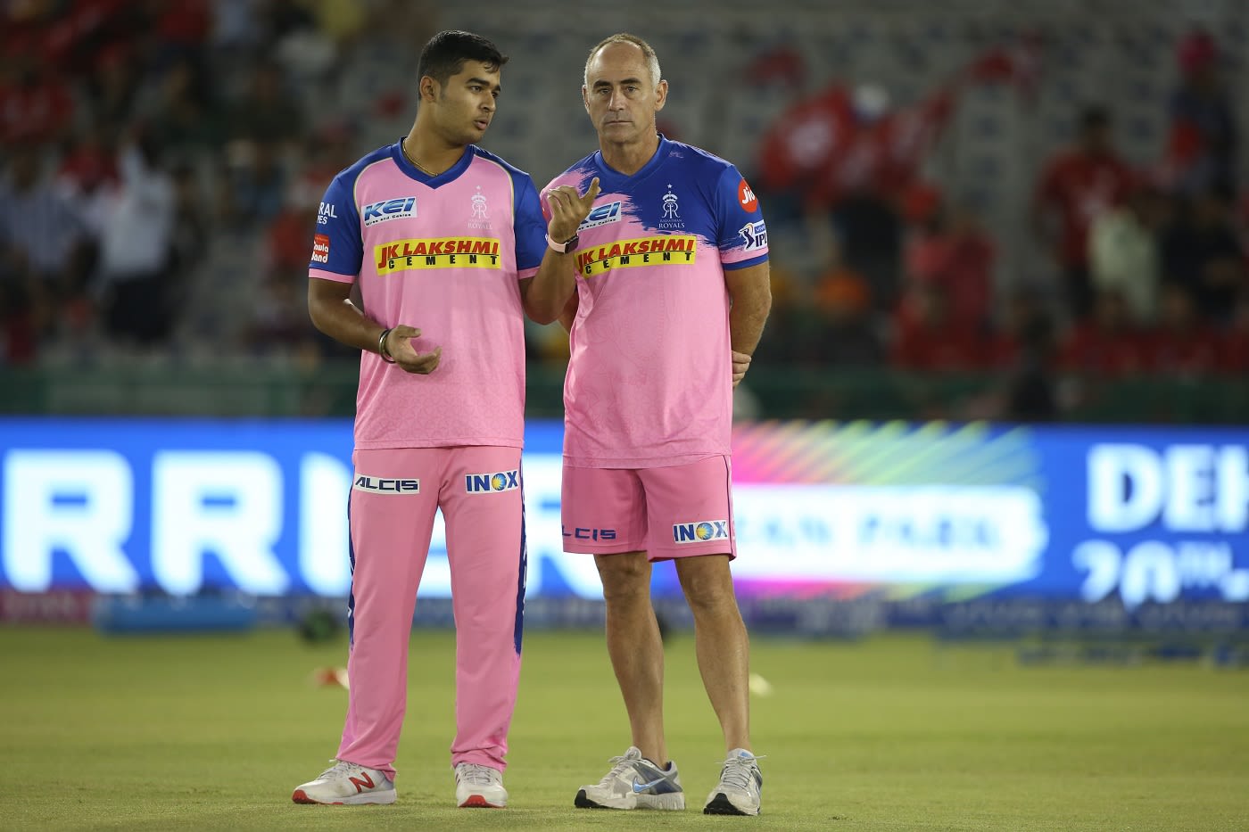 Riyan Parag and Paddy Upton have a chat before the match