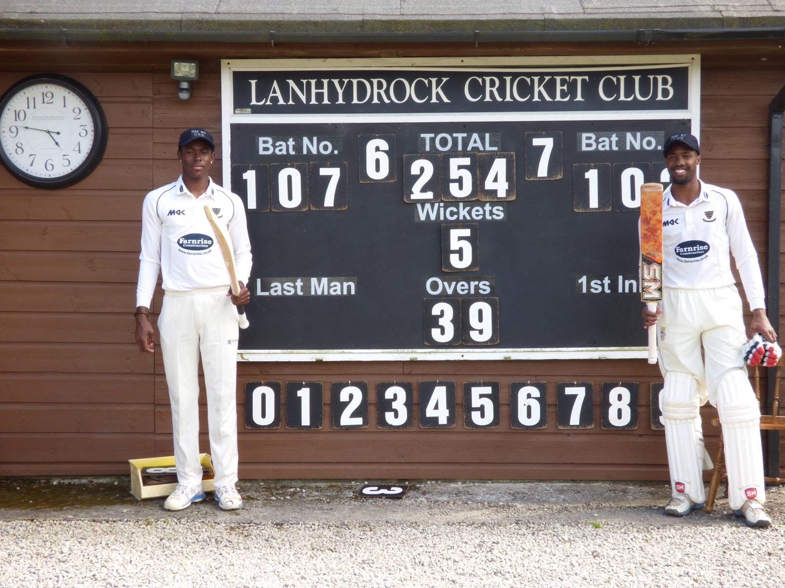 Jofra Archer and Akeem Jordan celebrate their hundreds for Two Hopes CC