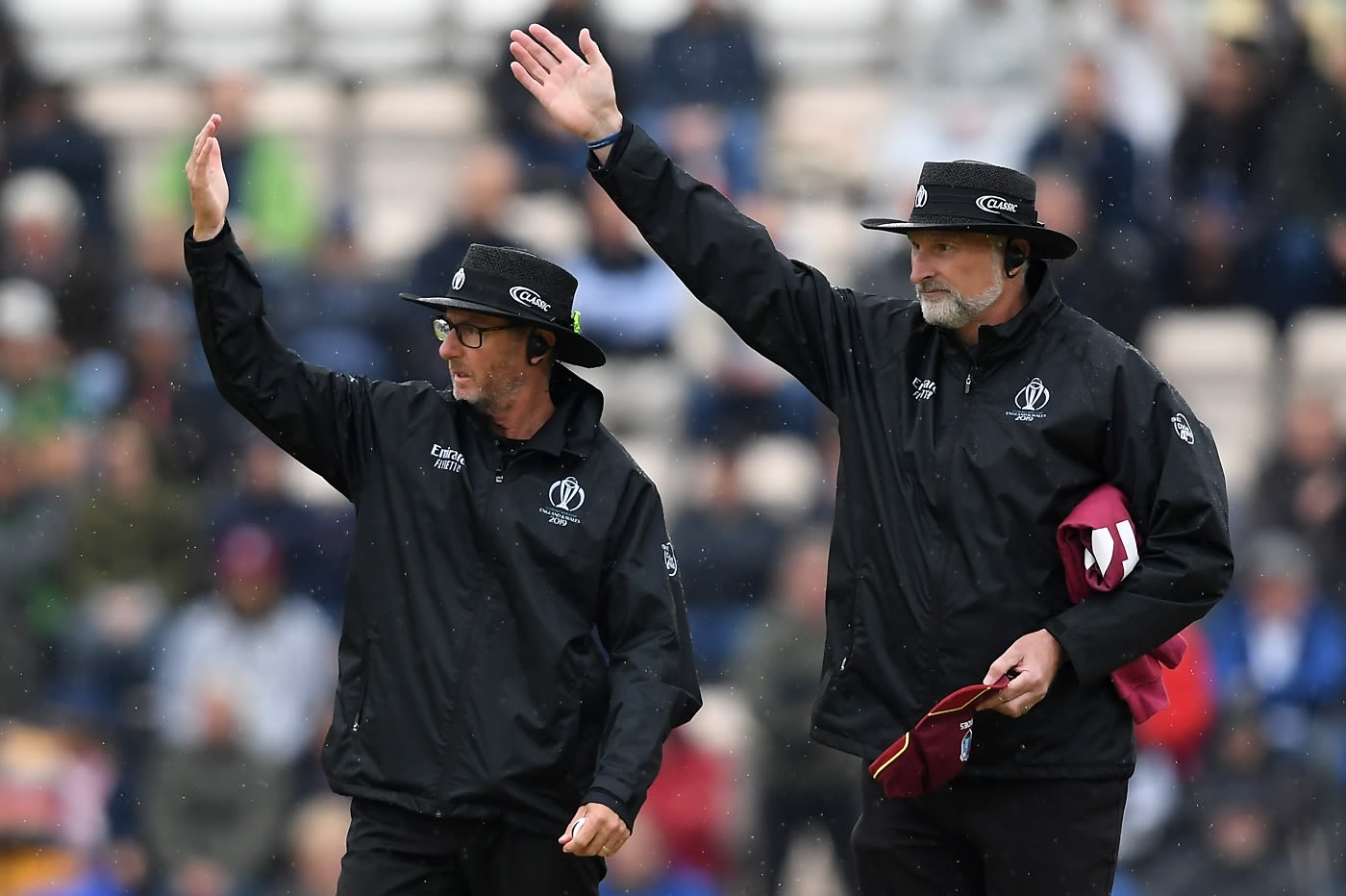 The umpires call for covers following rain in Southampton