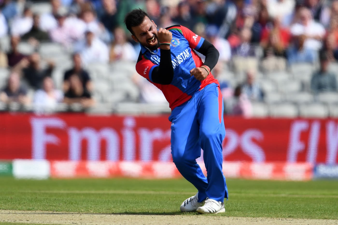 Dawlat Zadran celebrates taking the wicket of James Vince