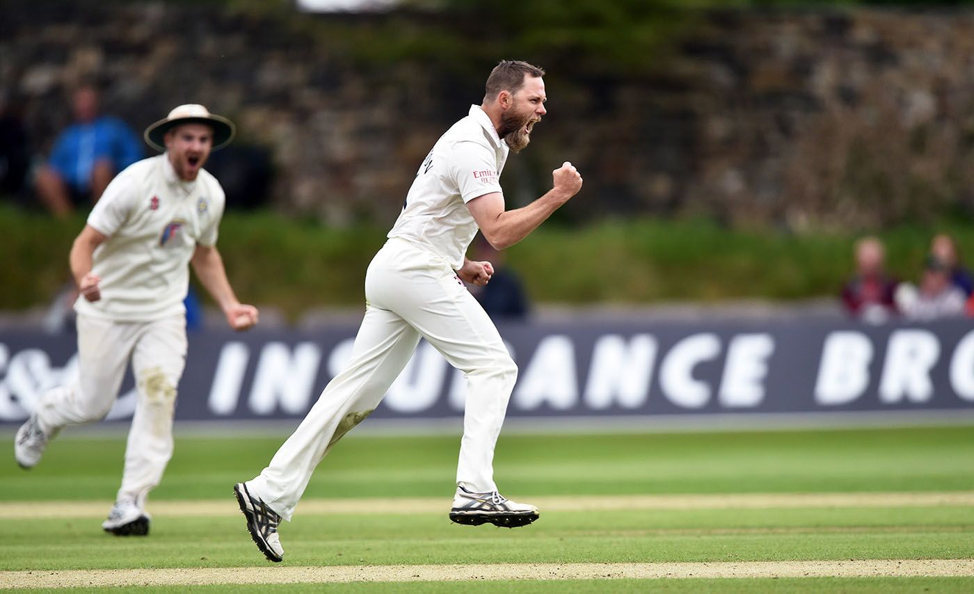 Nathan Rimmington celebrates a wicket