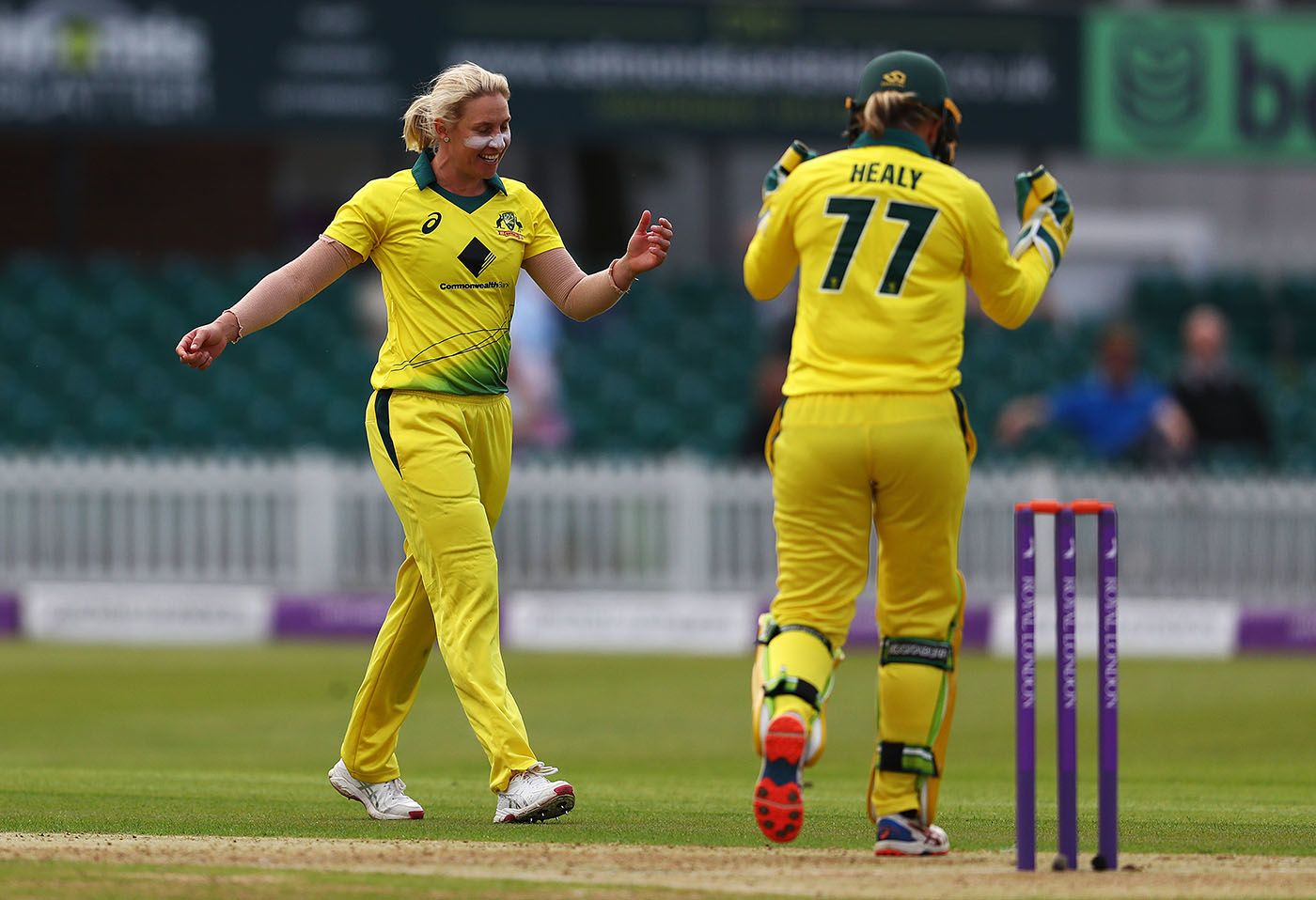 Delissa Kimmince of Australia celebrates the wicket of England's Katherine Brunt