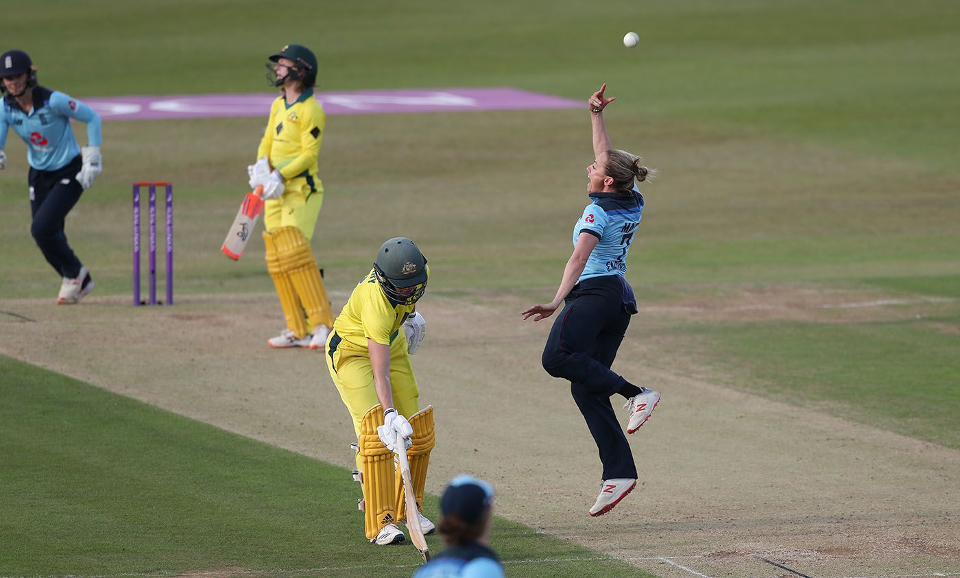 Laura Marsh celebrates taking the catch off her own bowling to dismiss Rachael Haynes