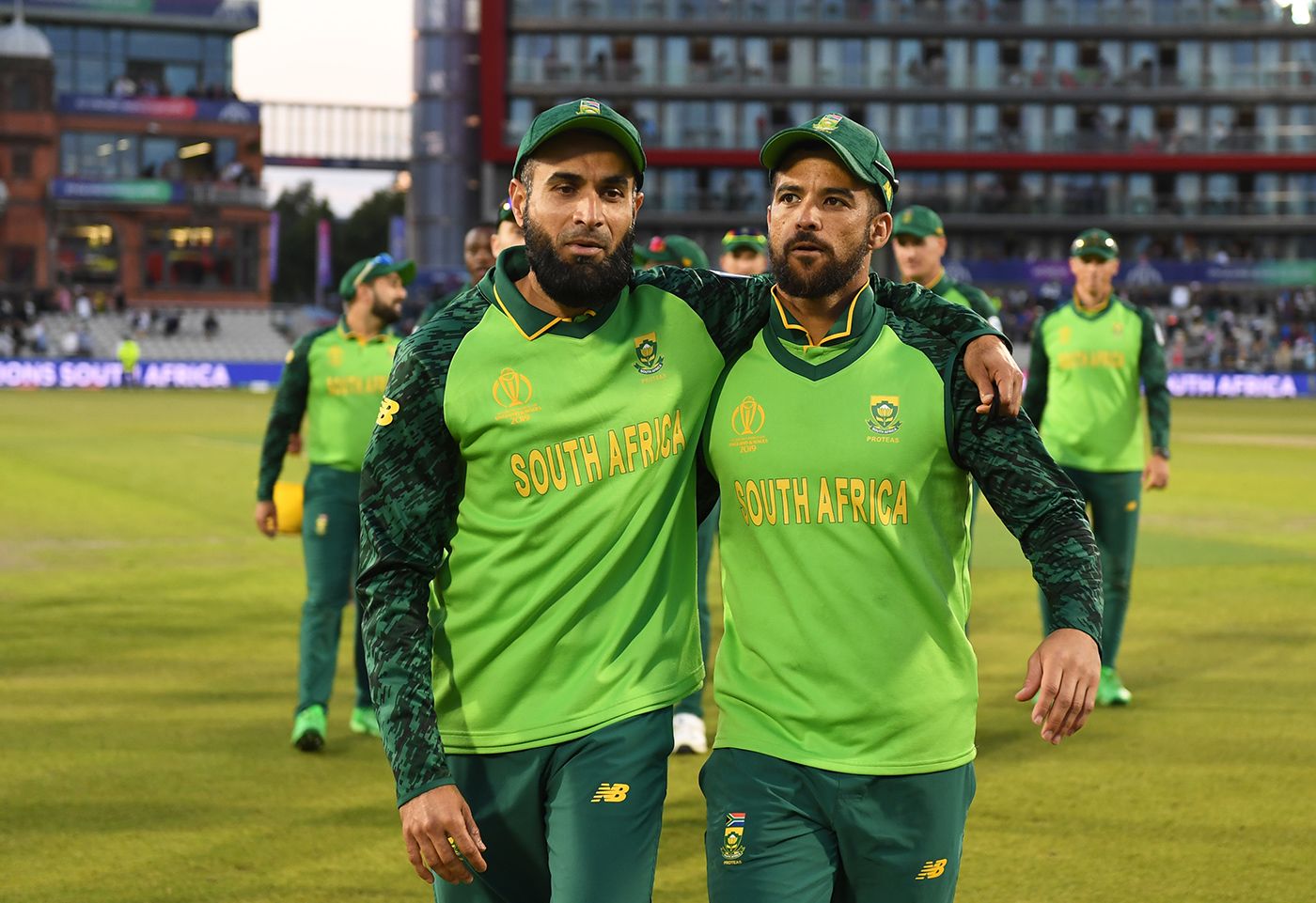 Imran Tahir and JP Duminy leave the field arm-in-arm after their final ODIs