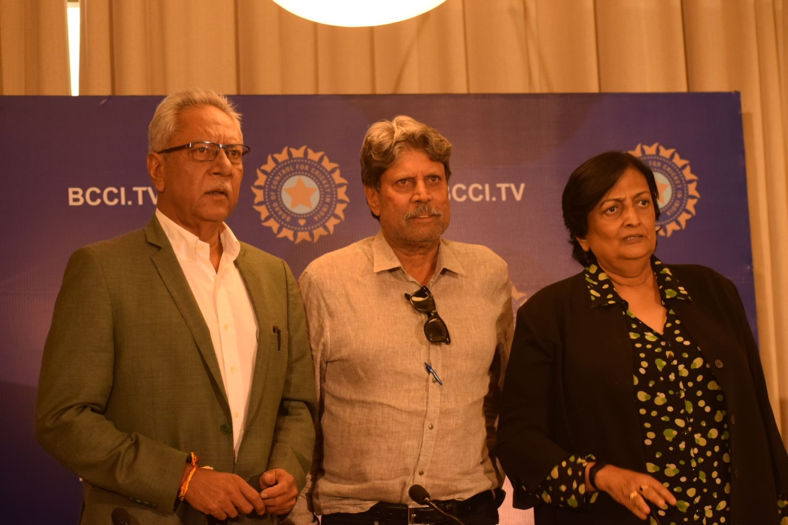 Anshuman Gaekwad, Kapil Dev and Shanta Rangaswamy after a CAC meeting
