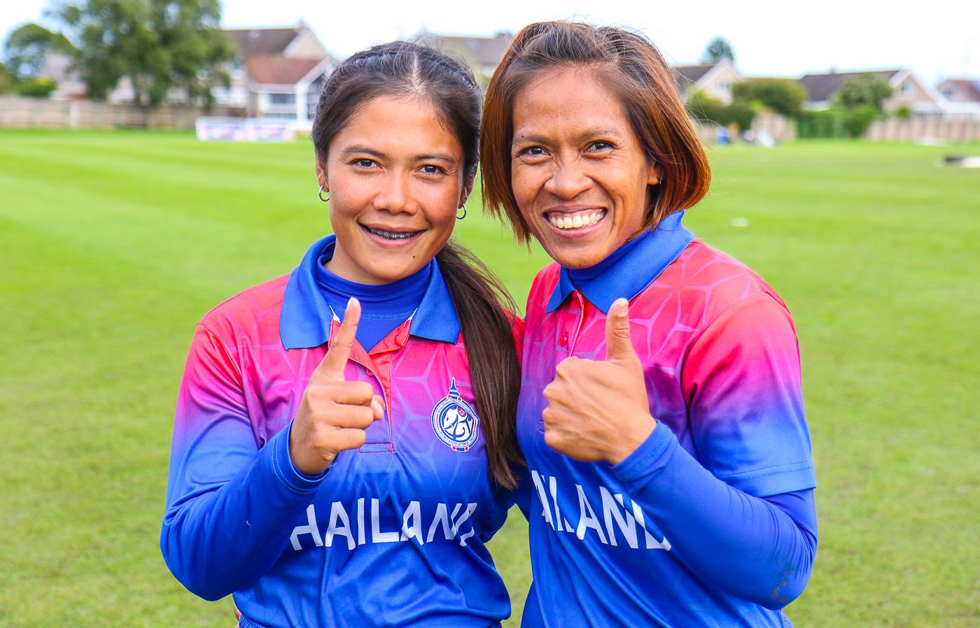 Chanida Sutthiruang and captain Sornnarin Tippoch smile after clinching Thailand's first trip to the T20 World Cup