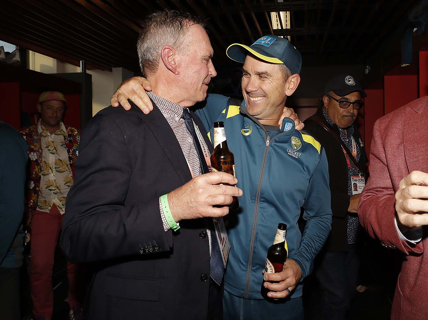 Justin Langer and Trevor Hohns, the Australia chairman of selectors, share a light moment