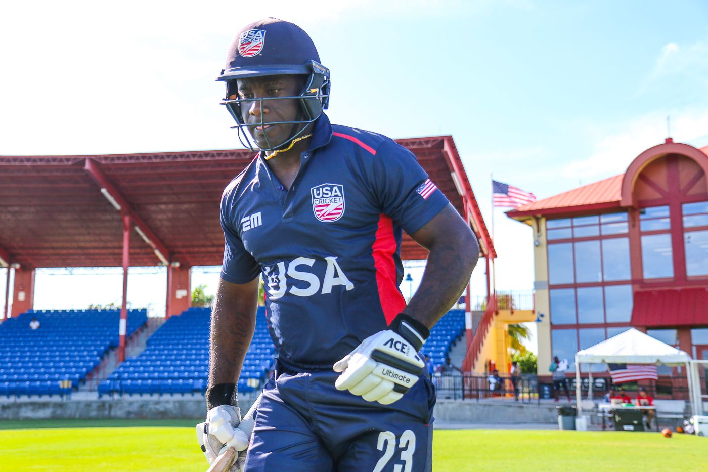 Xavier Marshall walks out at the start of play for USA's first ODI on home soil
