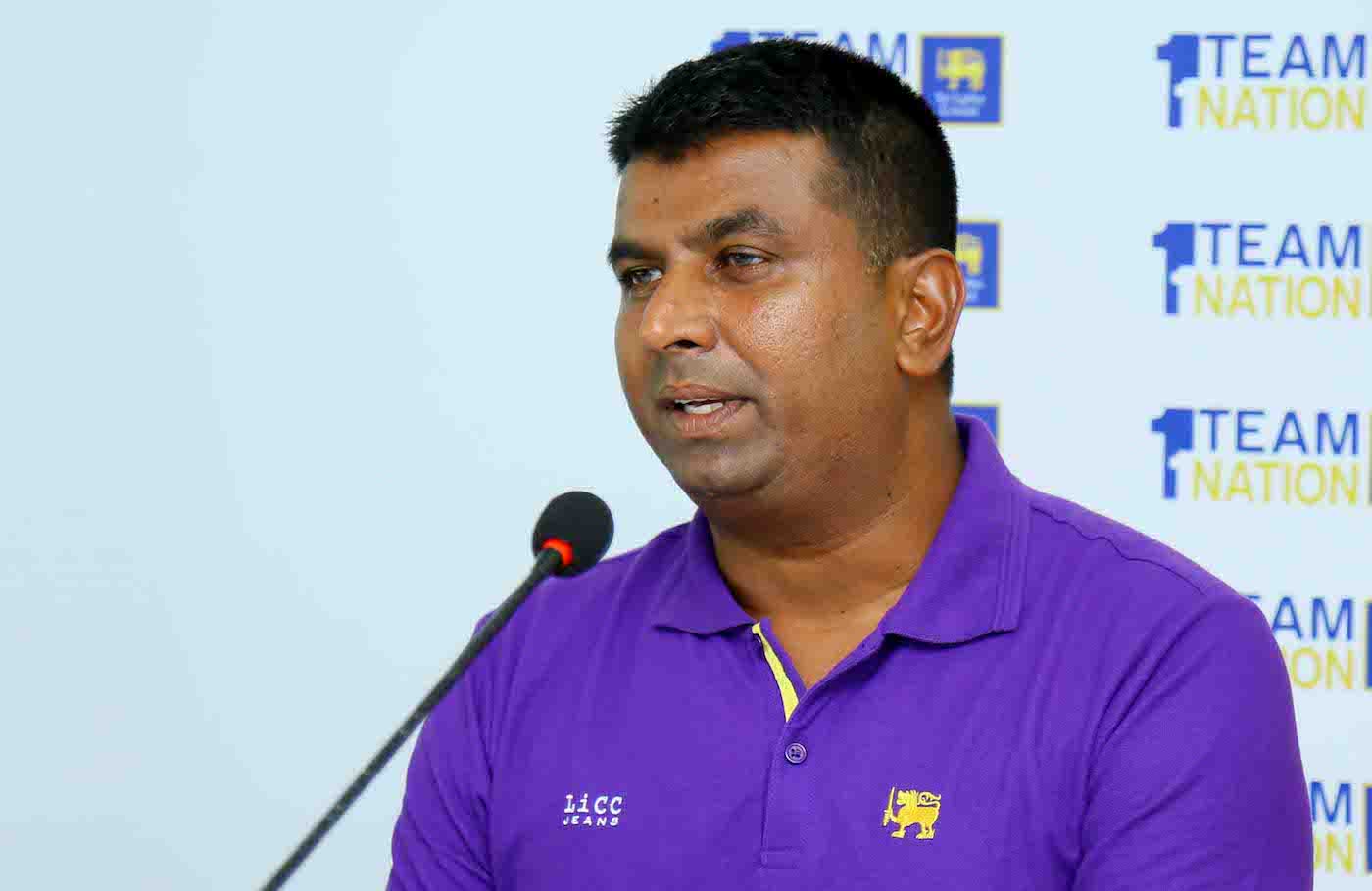 Sri Lanka women's coach Harsha de Silva talks to the media